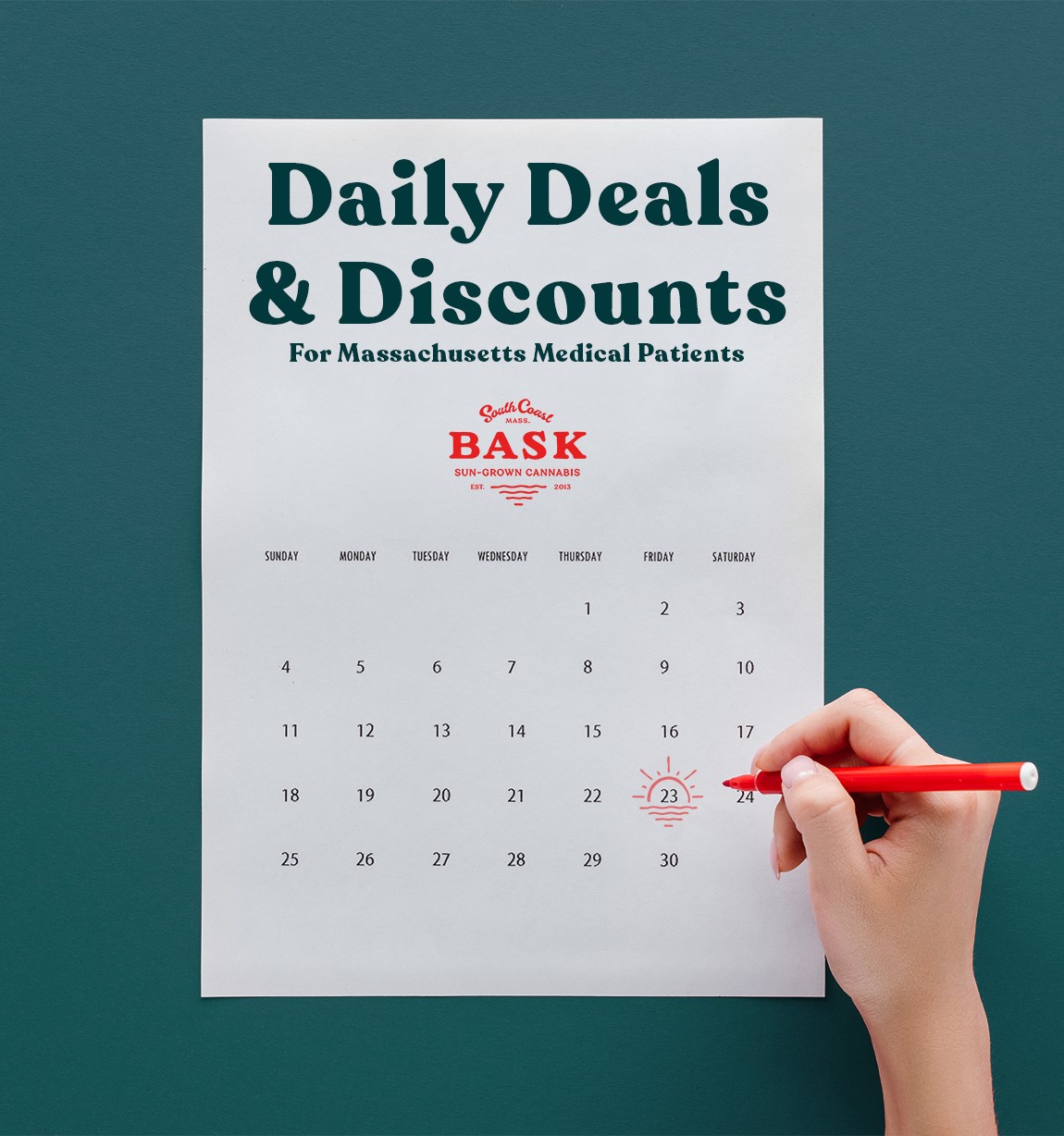 Daily Deals and Discounts title with image of Bask dispensary in Fairhaven